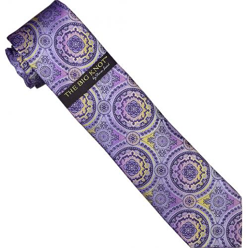 Steven Land Collection "Big Knot" SL075  Violet / Yellow / Plum / Maubee Artistic Circular Design 100% Woven Silk Necktie/Hanky Set